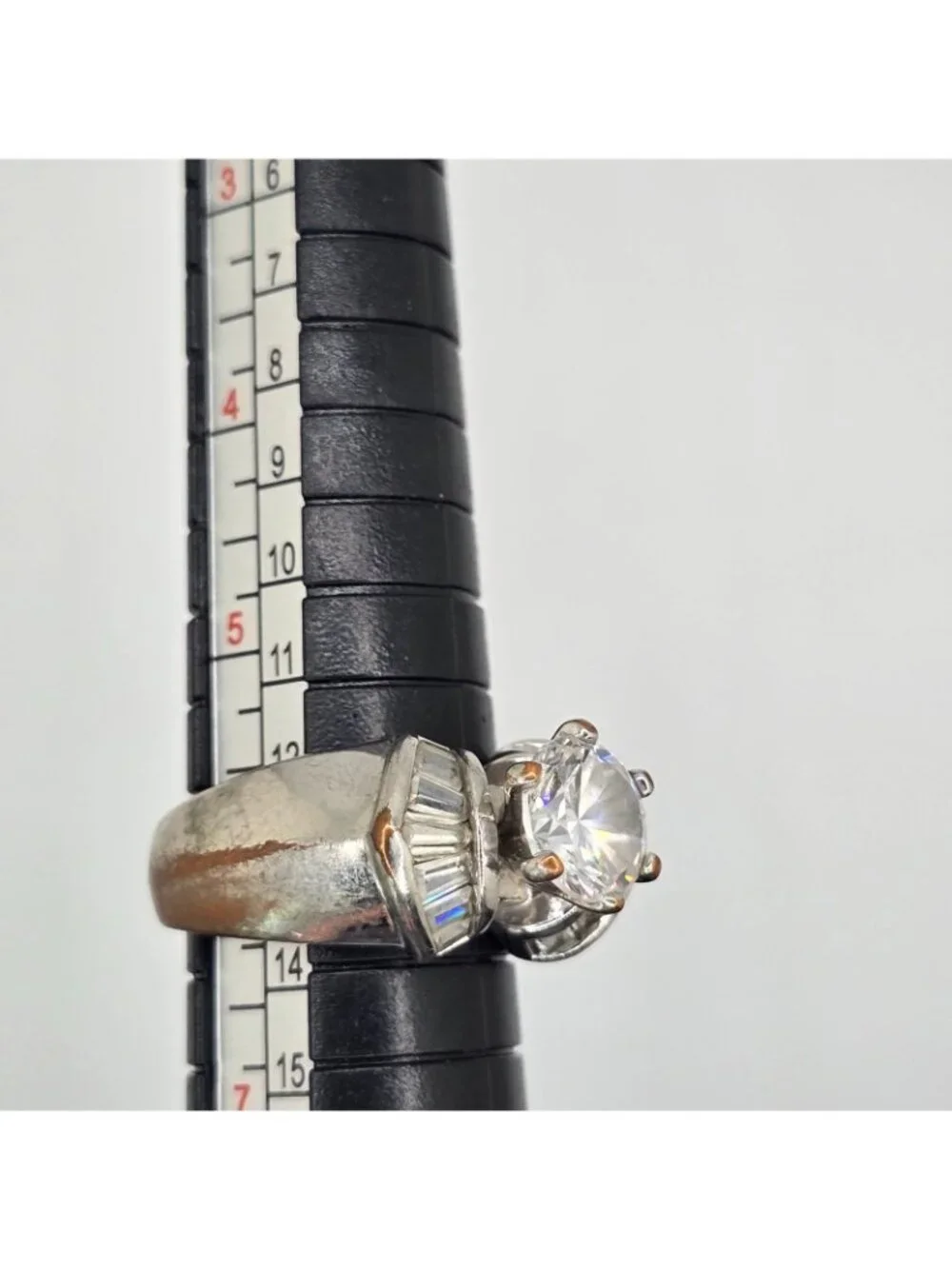 Vintage Silver-Tone Cocktail Ring Large Clear Center Stone Baguette Accents Size